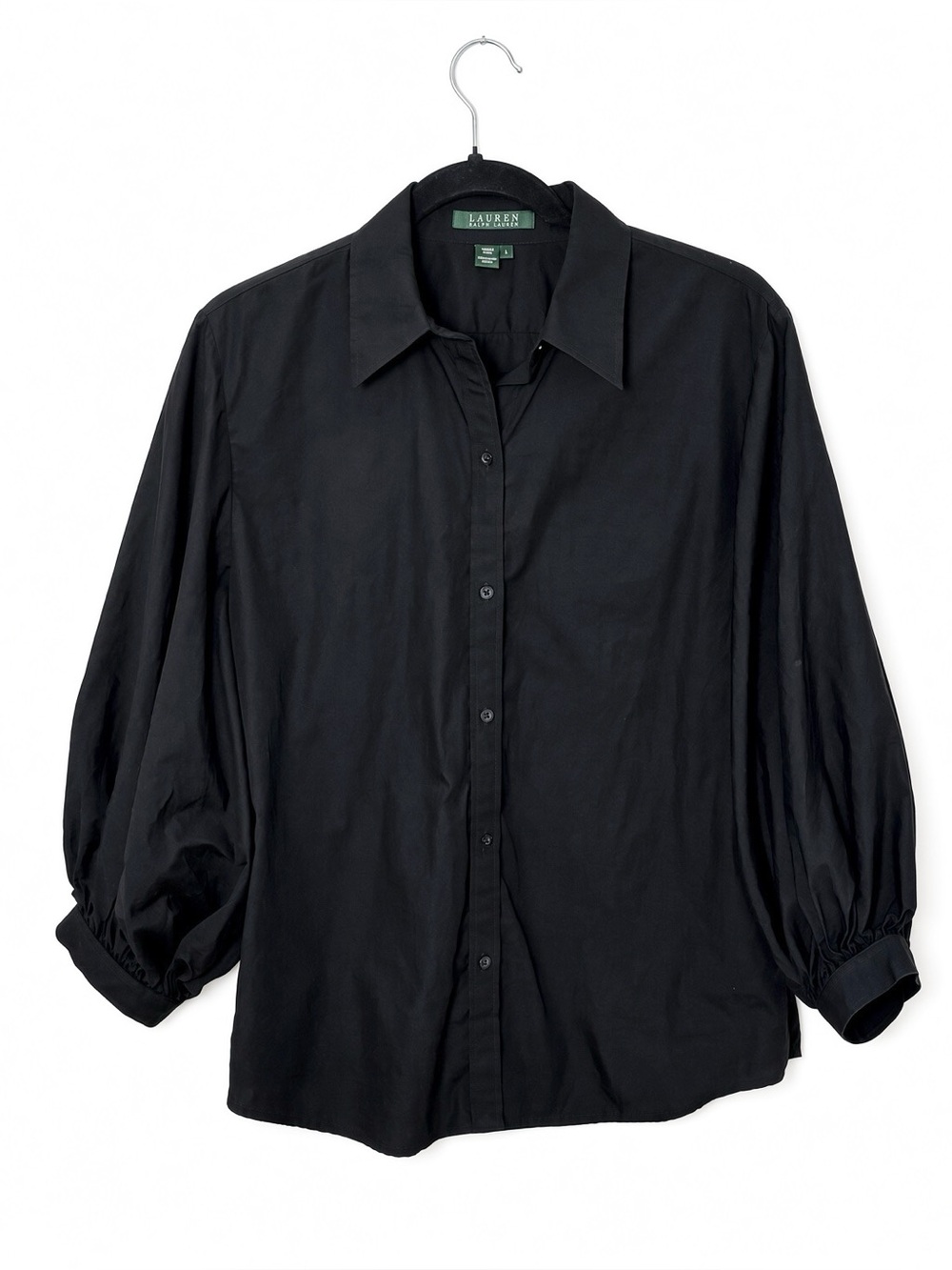 Lauren Ralph Lauren Black Cotton 3/4 Balloon Sleeve Button Down Shirt L